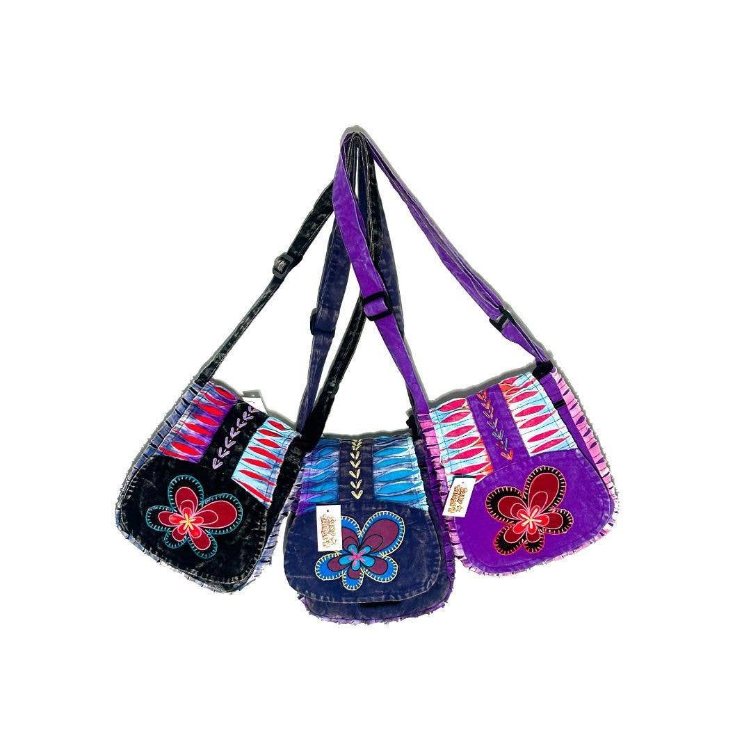 Cotton Floral Stitch Razer Cut Trim Front Flap Shoulder Bag