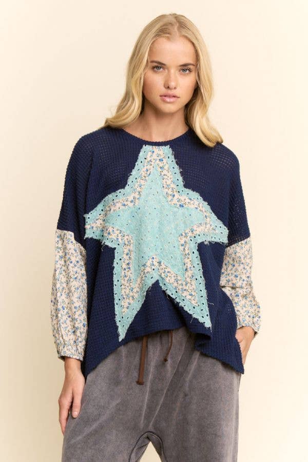 PLUS MULTI STAR PATCHWORK DITSY SLEEVE KNIT TOP