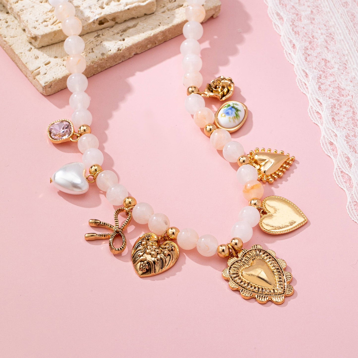 White Beaded Porcelain heart Multi-Charm Necklace | 80N92684