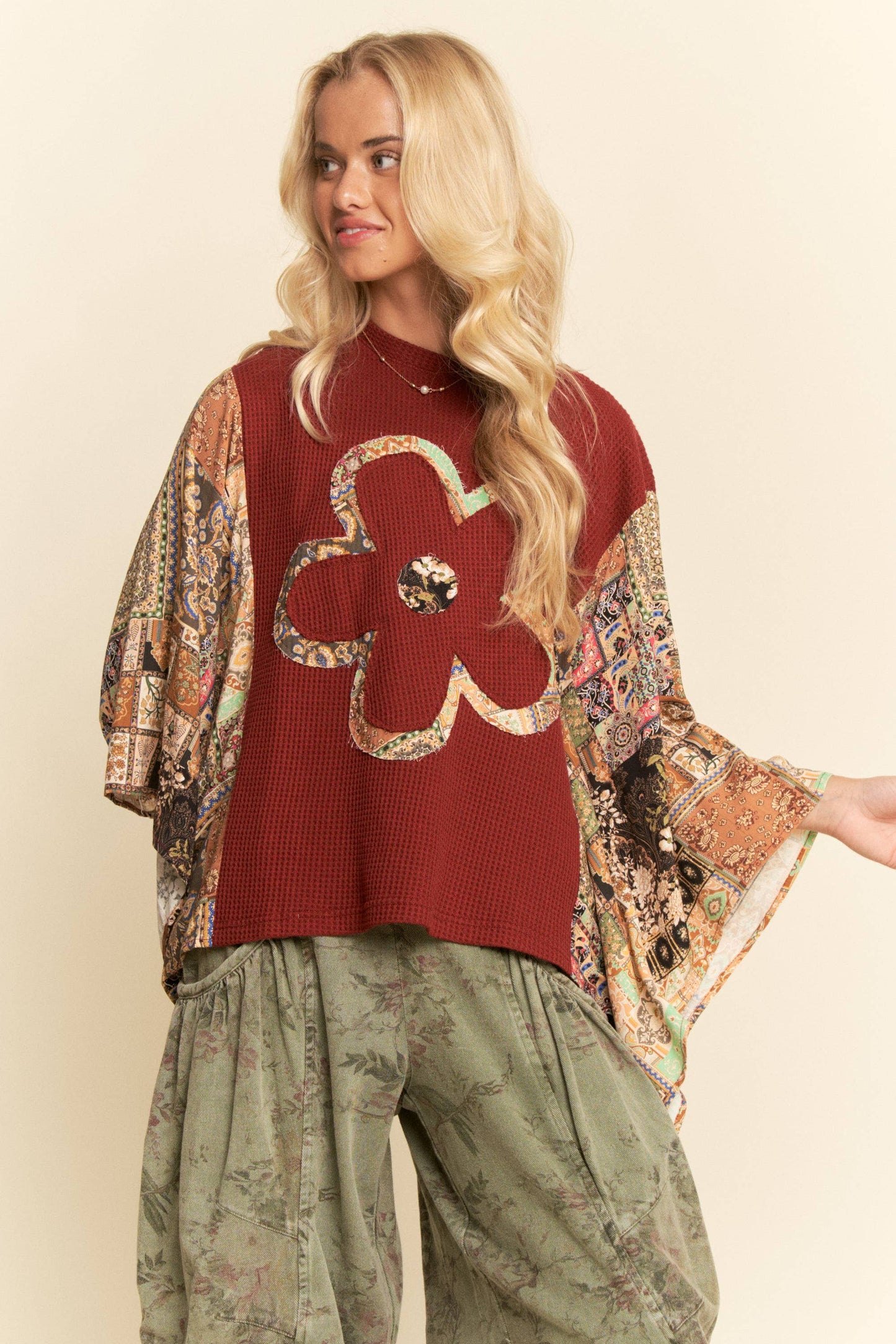 BOHO PATCHWORK KNIT TOP WITH FLOWER