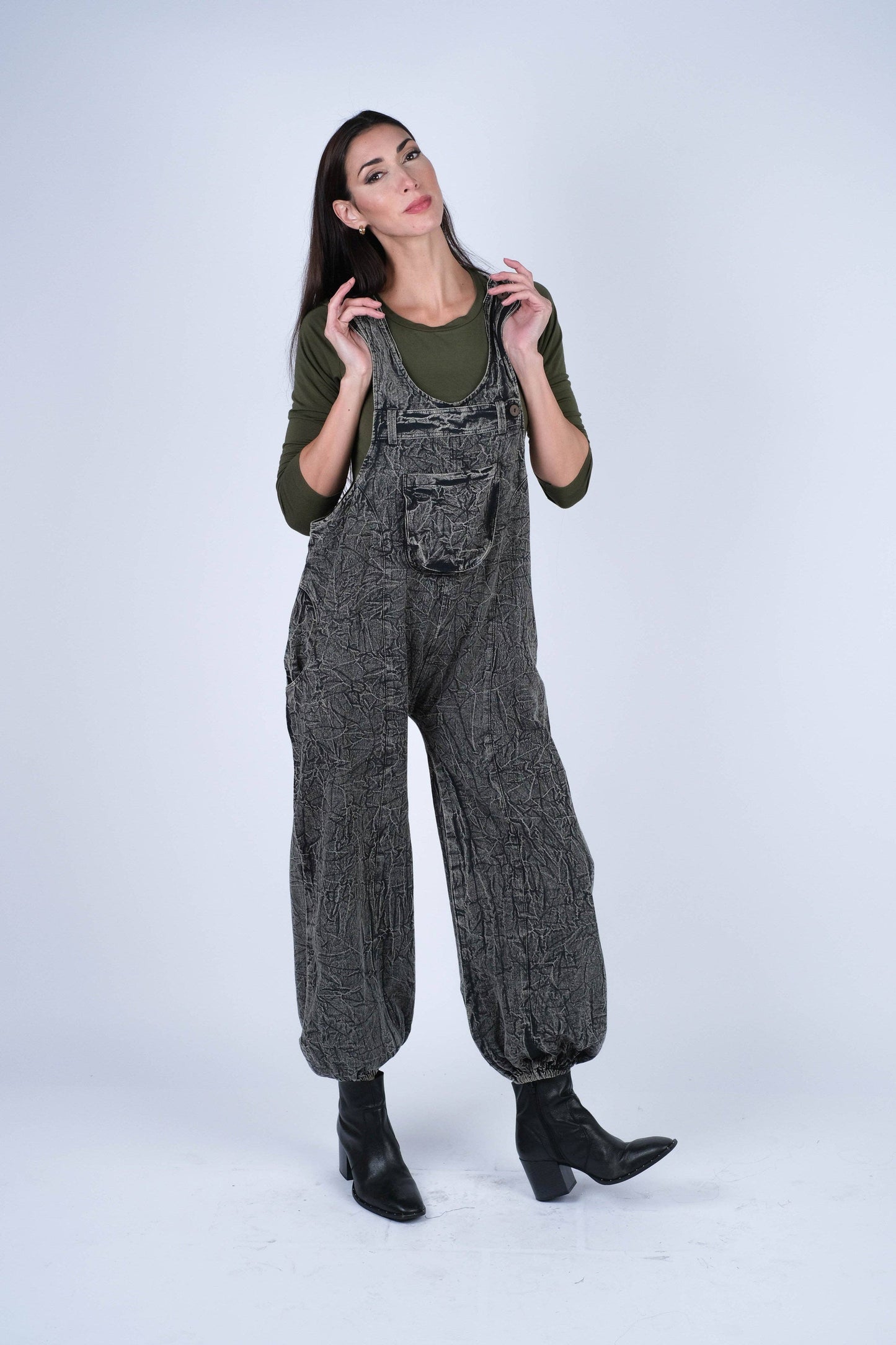 Textured Stone-Washed Cotton Overalls Cuffed Bottoms