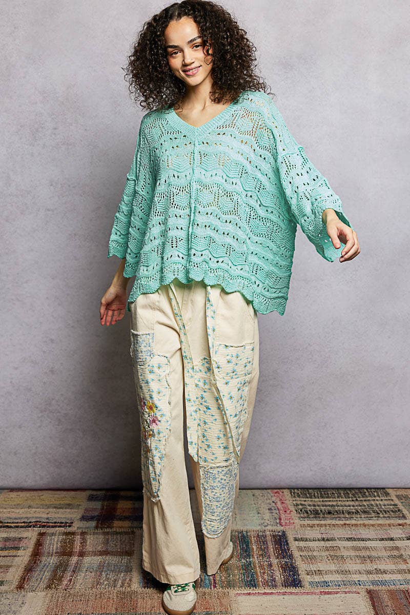Open Knit V-Neck Oversized Short Sleeve Sweater Top SALE