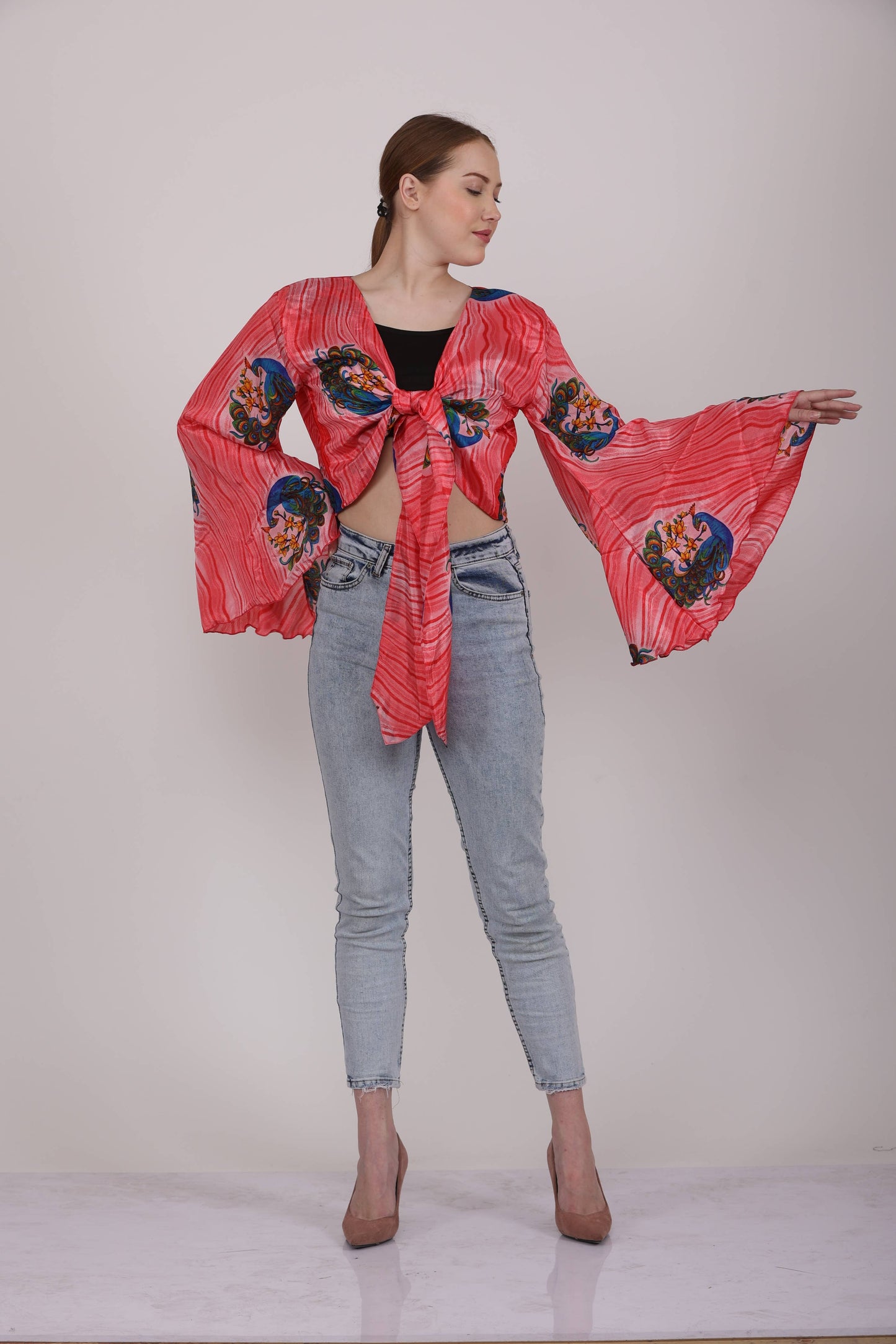 Women's Hippie V Neck Long Bell Sleeve Tie knot Floral Tops