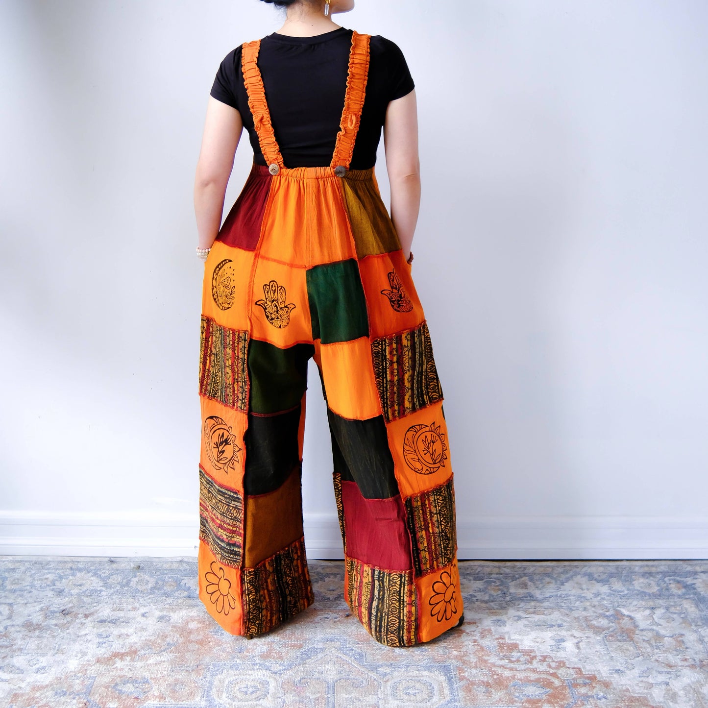 Bohemian Patchwork Wide Leg Jumpsuit with Pocket