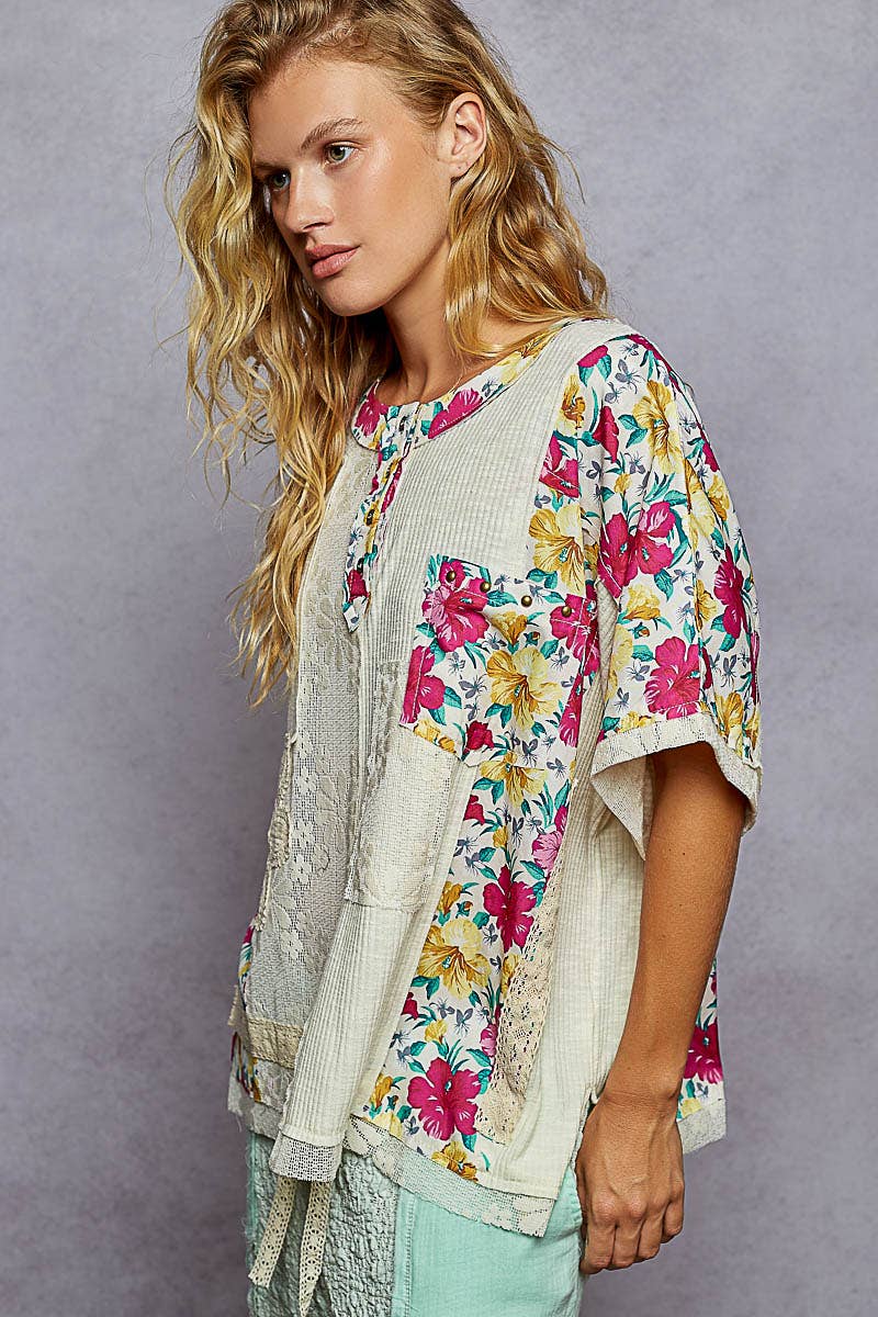 Round Neck Short Sleeve Floral Knit Rib Top SALE