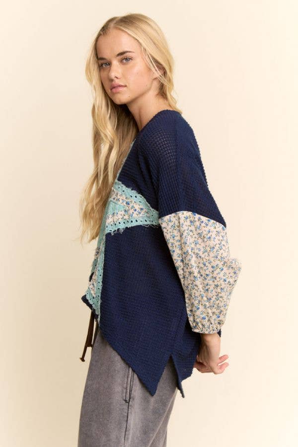 PLUS MULTI STAR PATCHWORK DITSY SLEEVE KNIT TOP