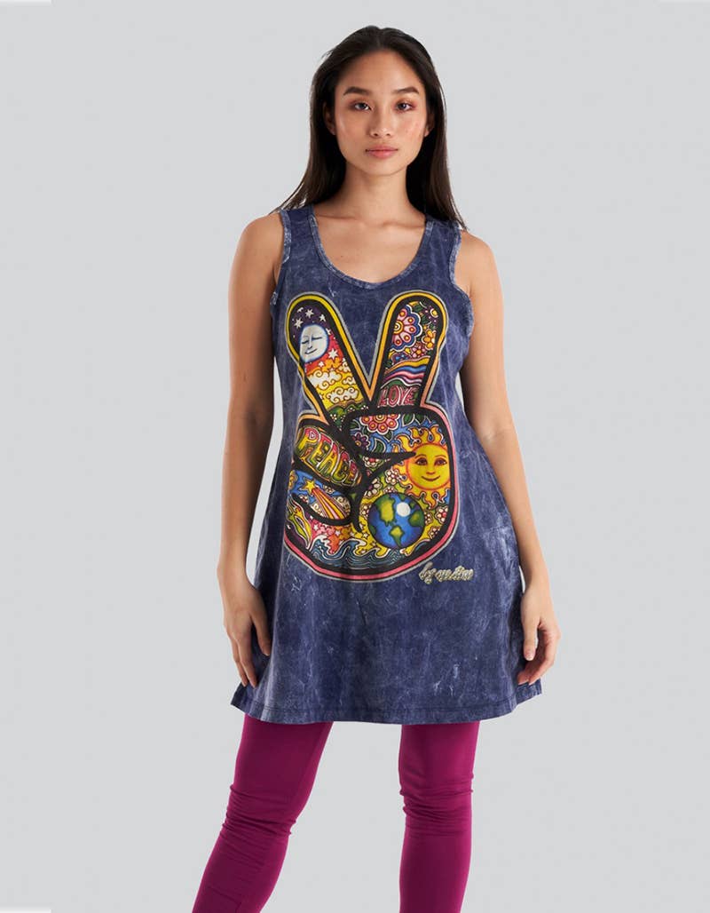 Peace sign print stonewash tank dress (TH-1503PK)