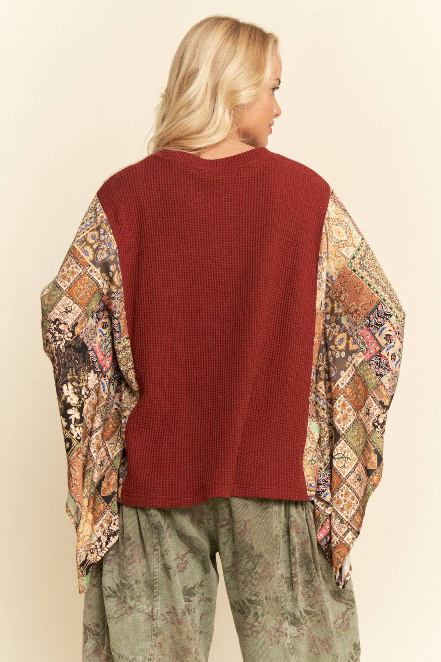 BOHO PATCHWORK KNIT TOP WITH FLOWER