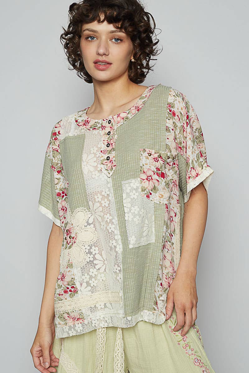Round Neck Short Sleeve Floral Knit Rib Top SALE