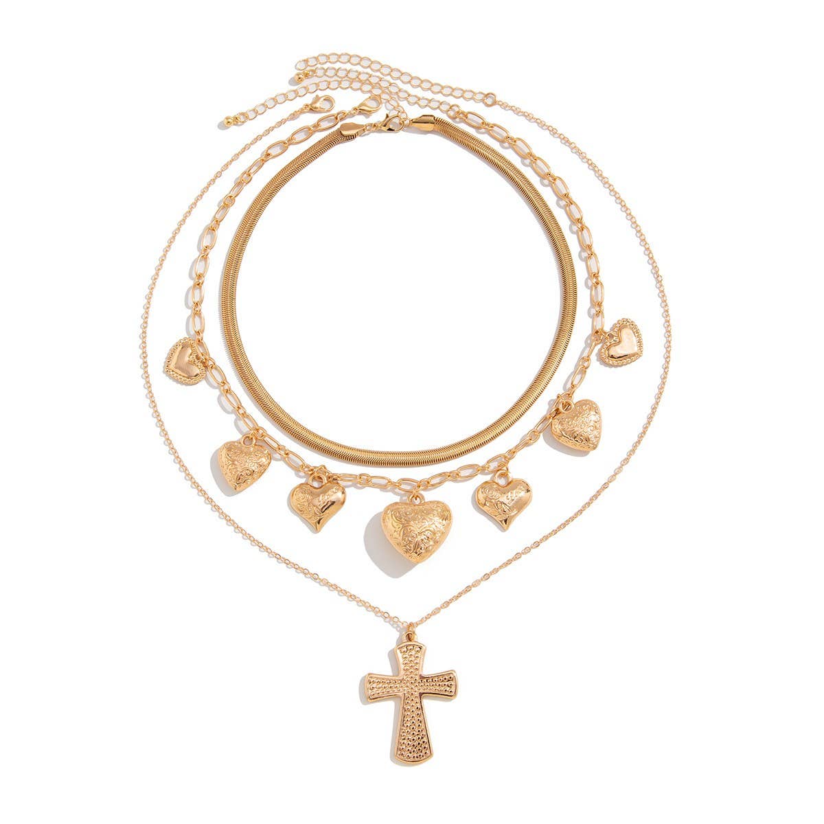 MULTI LAYERED CROSS MULTI HEART CHARM NECKLACE | 40NK9473