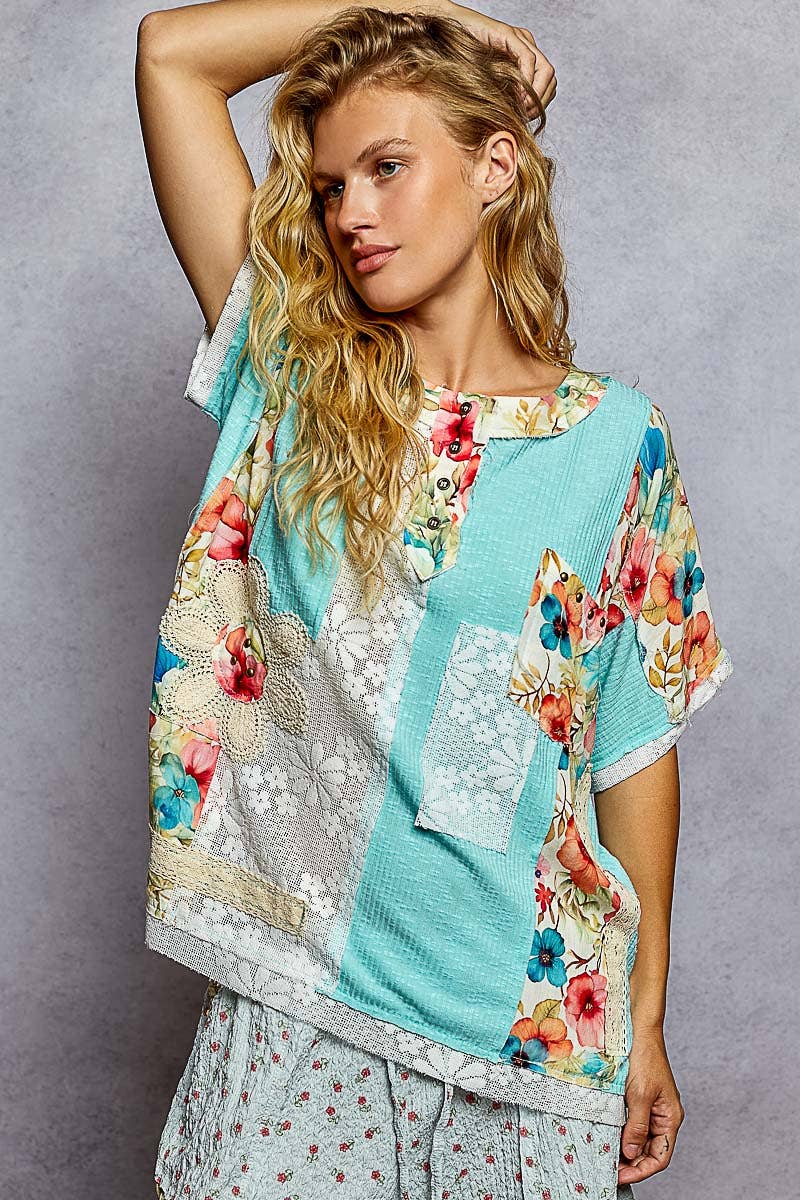 Round Neck Short Sleeve Floral Knit Rib Top SALE