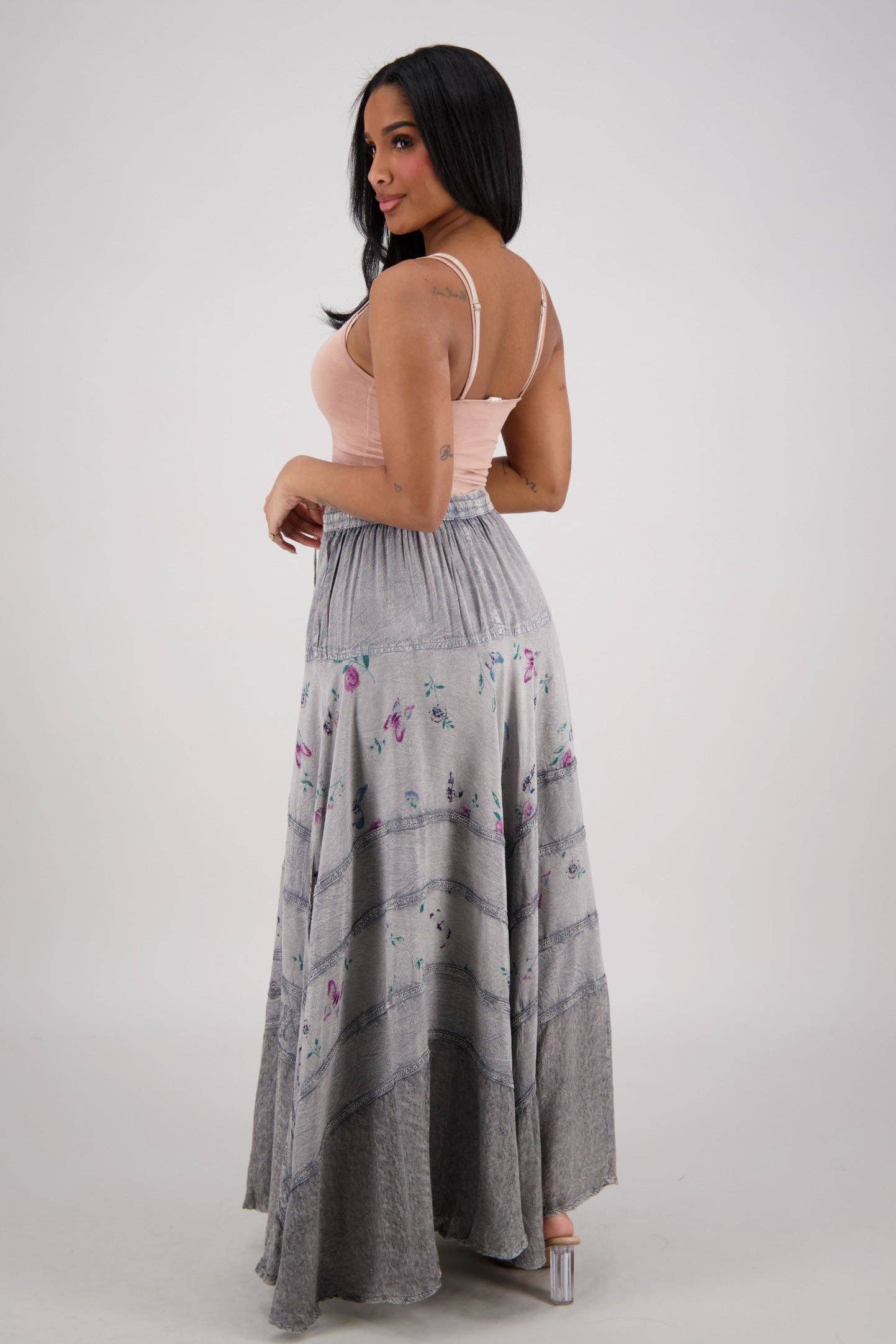 Acid Wash Floral Panels Skirt 11320