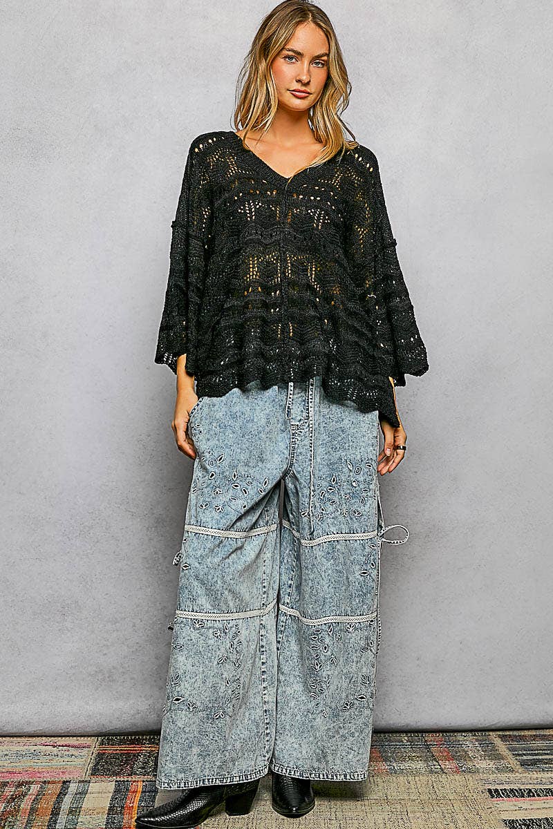 Open Knit V-Neck Oversized Short Sleeve Sweater Top SALE