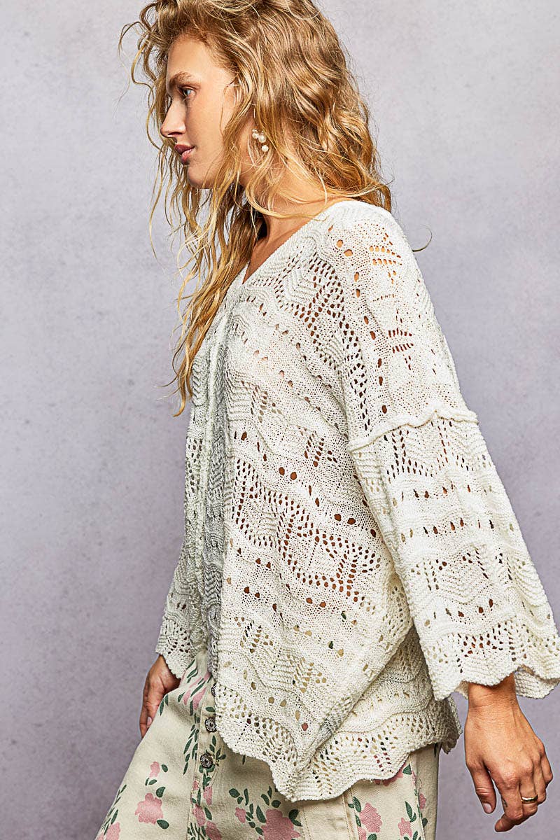 Open Knit V-Neck Oversized Short Sleeve Sweater Top SALE