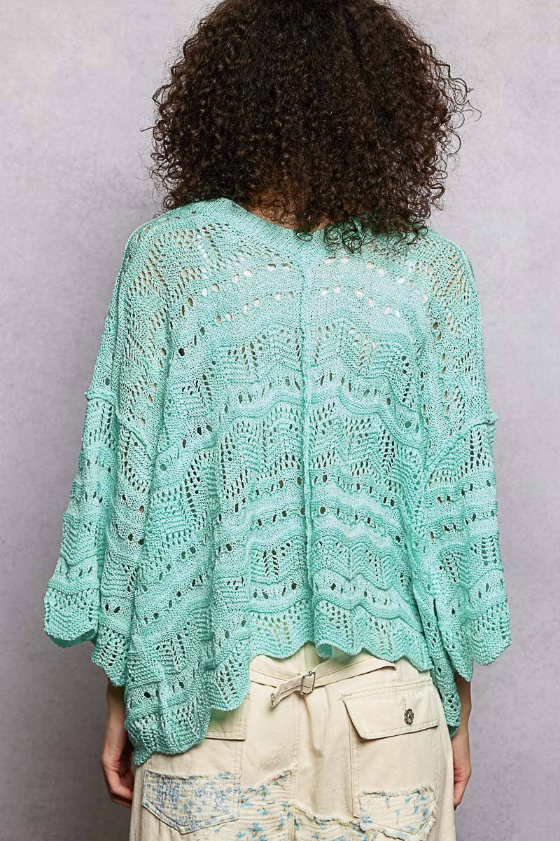 Open Knit V-Neck Oversized Short Sleeve Sweater Top SALE