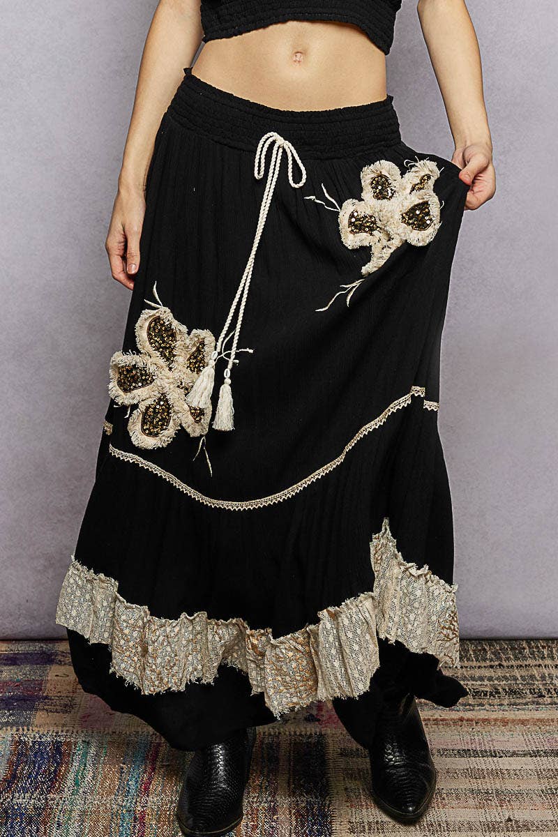Smocked Waist Ruffle Embroidered Fringe Long Skirt