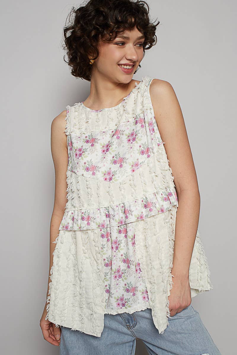 Round neck sleeveless textured woven floral top