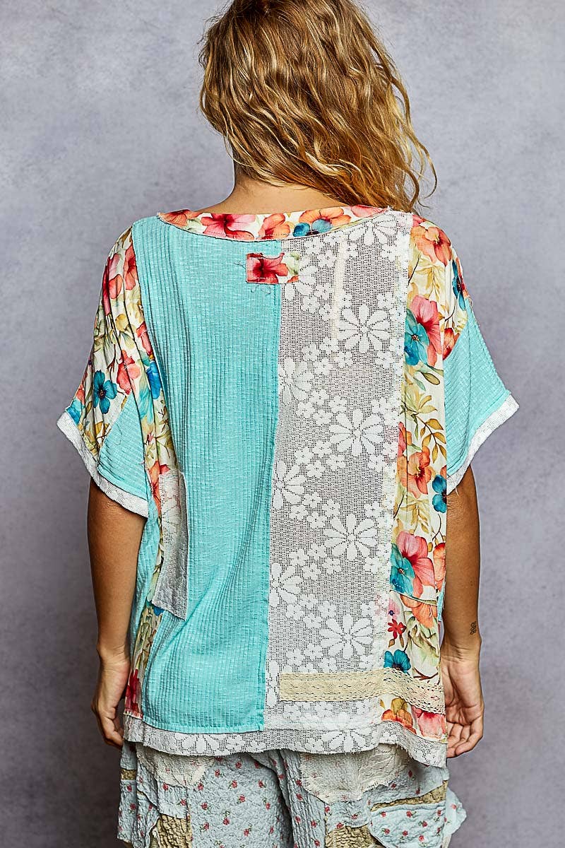 Round Neck Short Sleeve Floral Knit Rib Top SALE