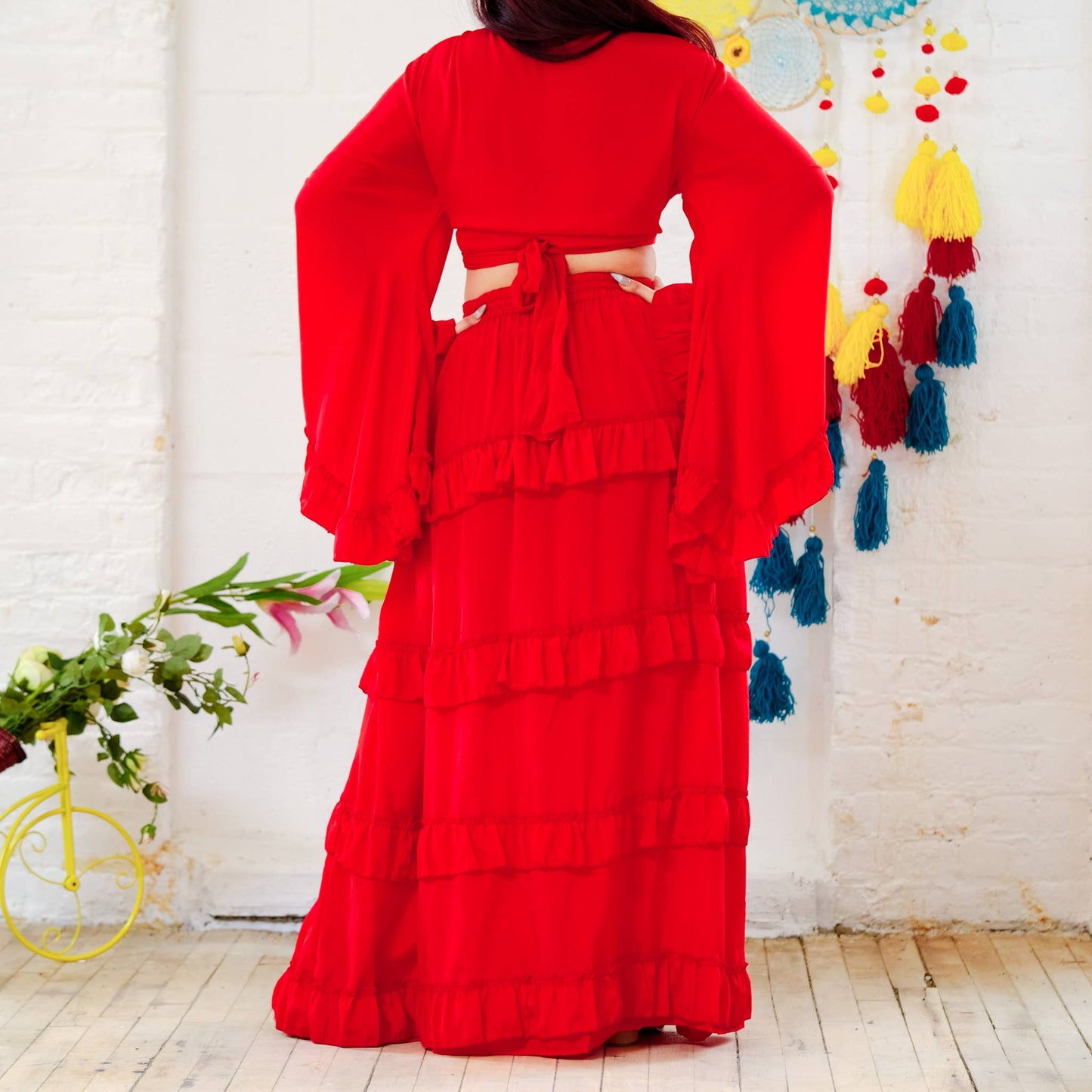 Solid Color Ruffle Sleeve Wrap Top