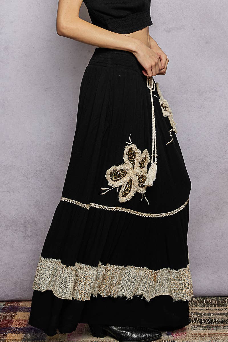 Smocked Waist Ruffle Embroidered Fringe Long Skirt
