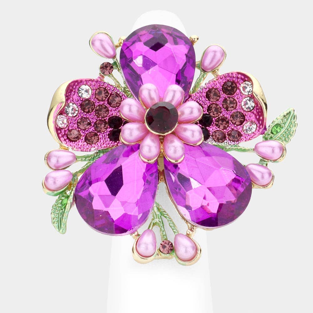 Pearl Stone Embellished Oversized Flower Stretch Ring
