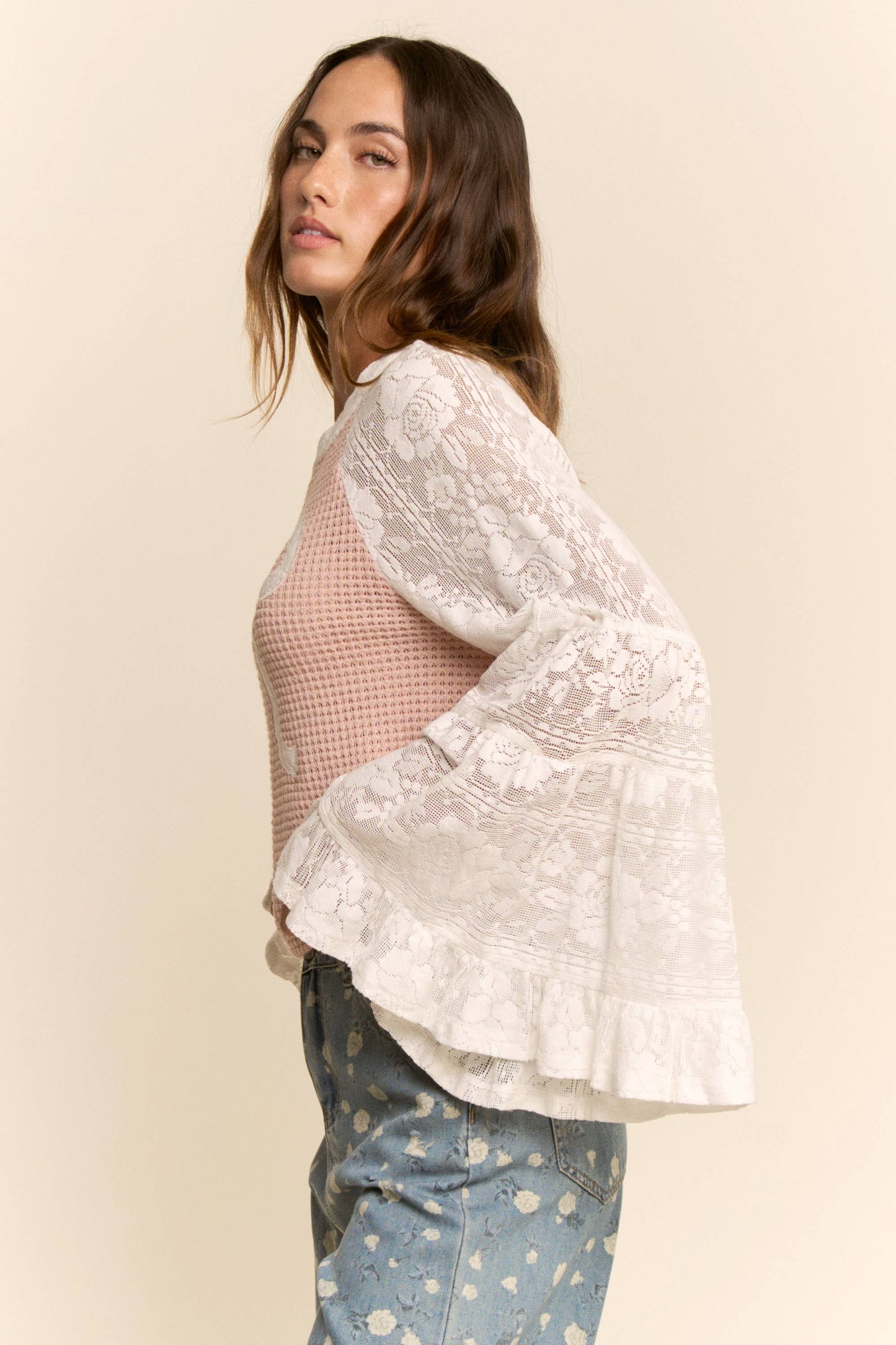 PLUS SOFT WAFFLE KNIT LACE BOW PATCHWORK TOP