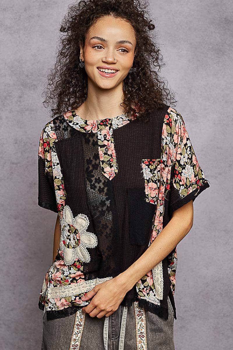 Round Neck Short Sleeve Floral Knit Rib Top SALE