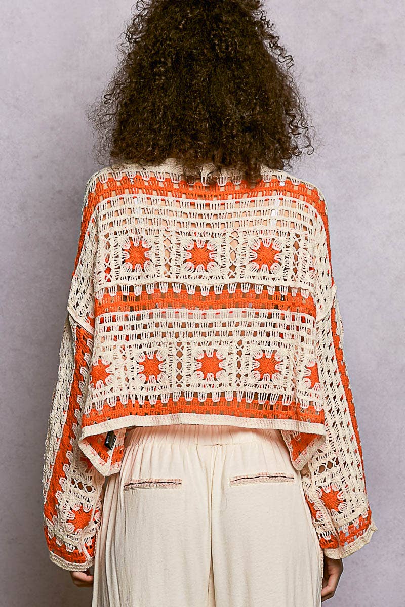 Boat Neck Granny Square Long Sleeves Crochet Top