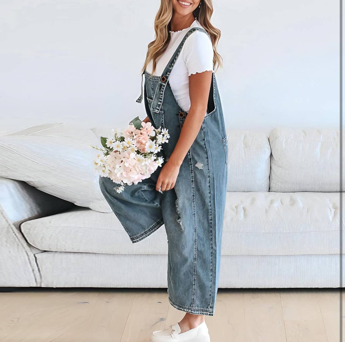 Women's Wide Leg Jumpsuit with Ripped Details Denim Overalls