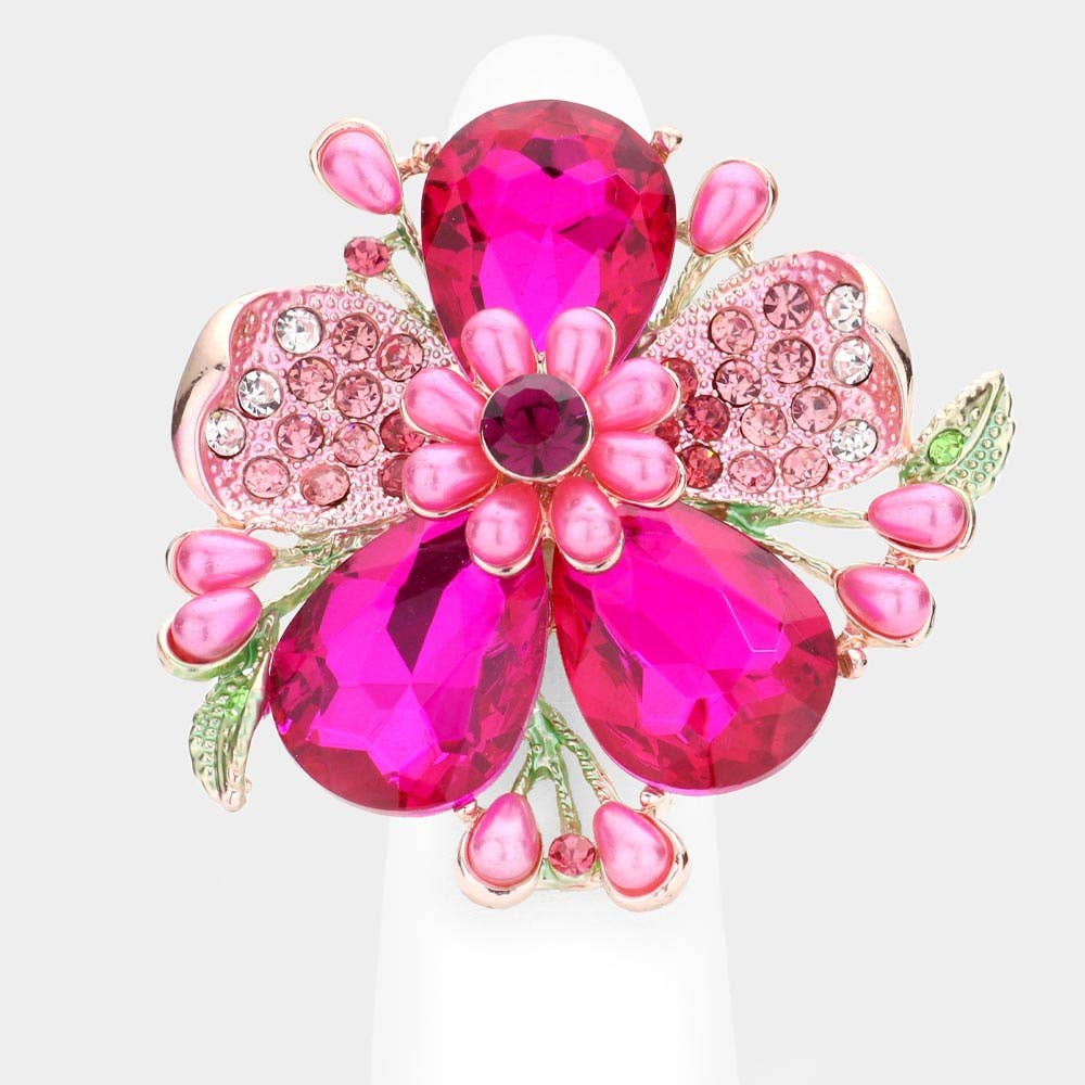 Pearl Stone Embellished Oversized Flower Stretch Ring