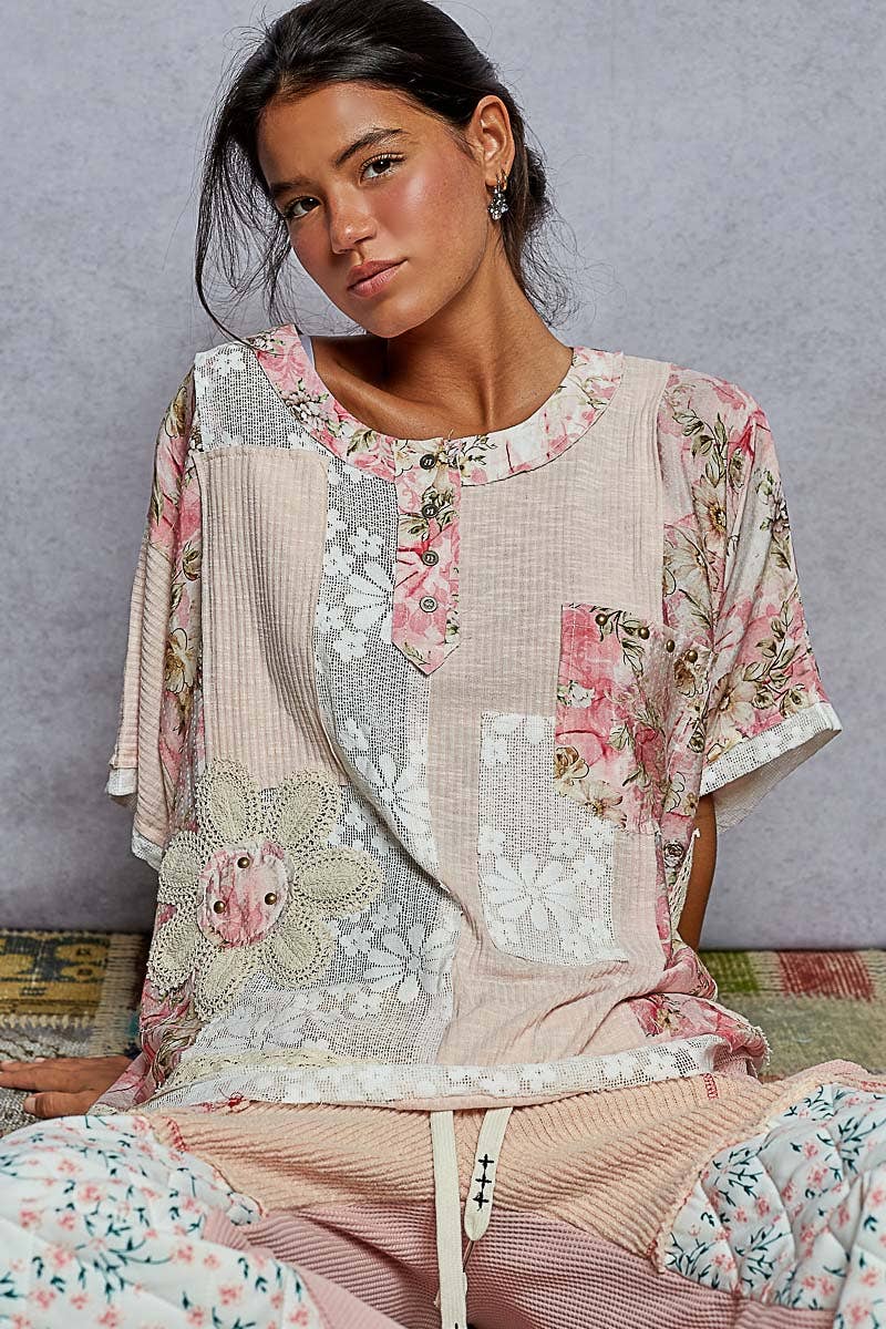 Round Neck Short Sleeve Floral Knit Rib Top SALE