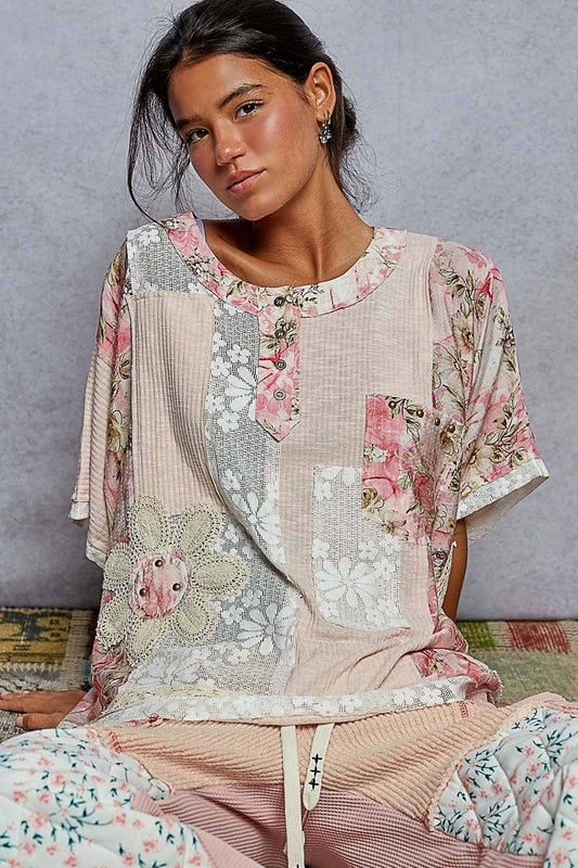 Round Neck Short Sleeve Floral Knit Rib Top SALE