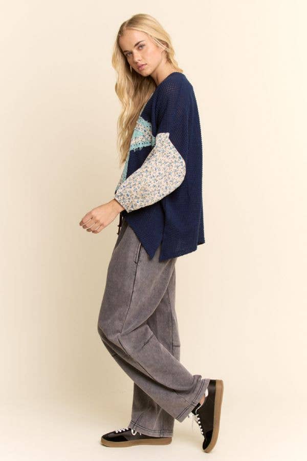 PLUS MULTI STAR PATCHWORK DITSY SLEEVE KNIT TOP