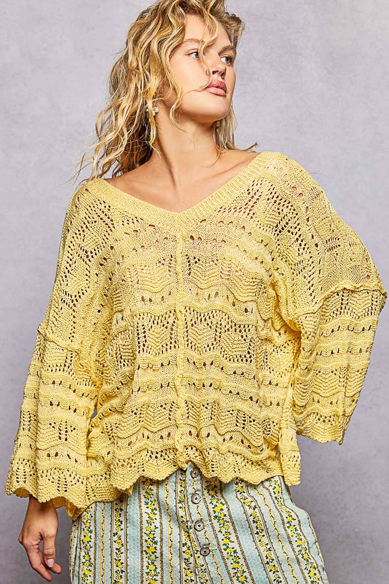 Open Knit V-Neck Oversized Short Sleeve Sweater Top SALE