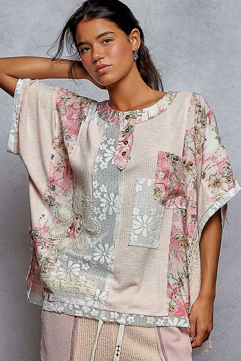 Round Neck Short Sleeve Floral Knit Rib Top SALE