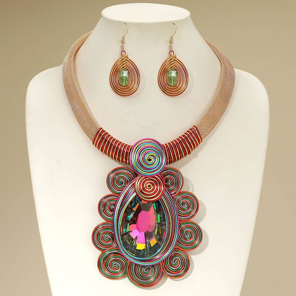 Bold Teardrop Stone Centered Metal Swirl Embellished Statement Necklace