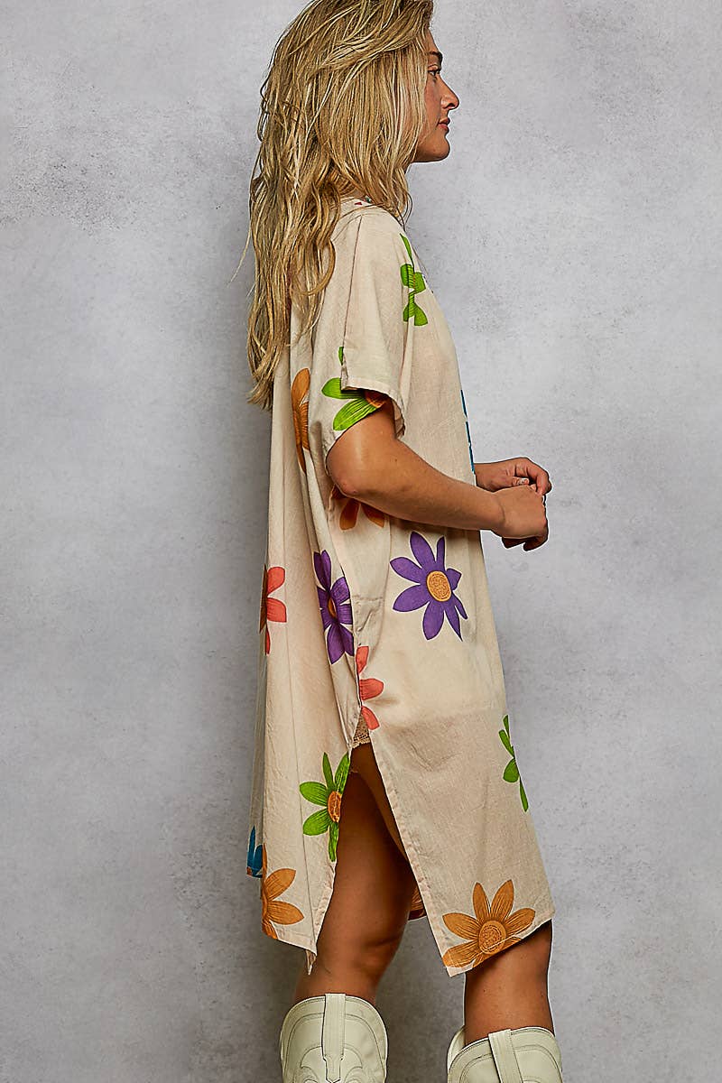 1/2 Sleeve V neck Beads Trim Floral Printed Woven Dress