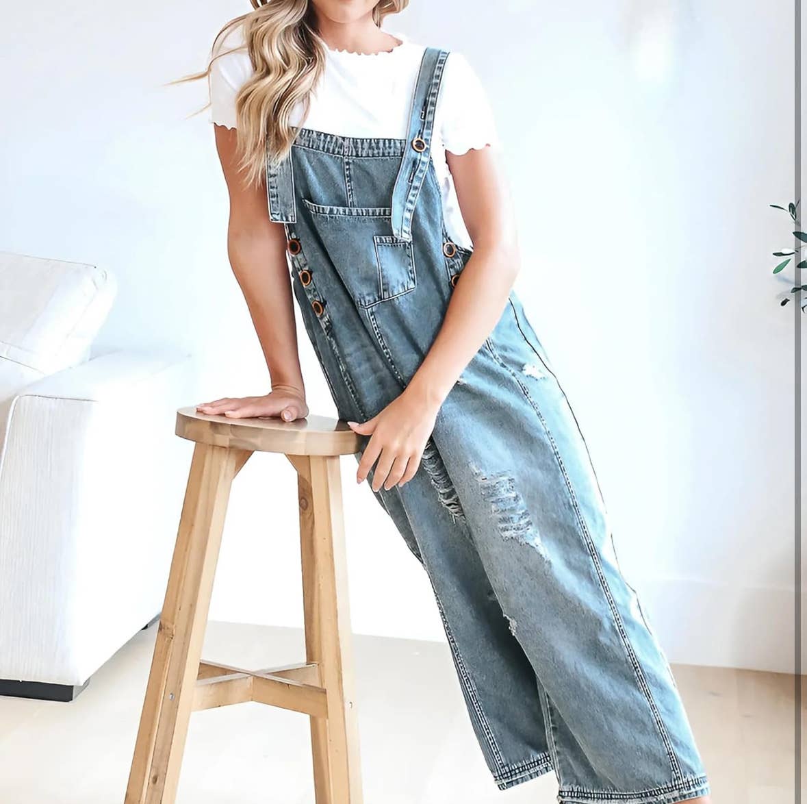 Women's Wide Leg Jumpsuit with Ripped Details Denim Overalls