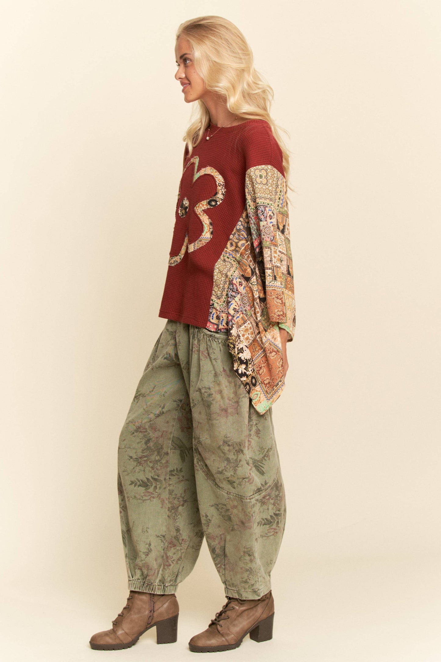 BOHO PATCHWORK KNIT TOP WITH FLOWER
