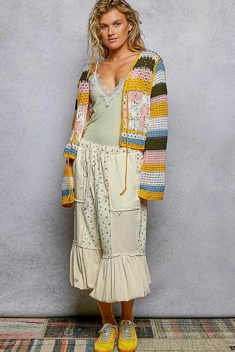 Long Sleeve Crochet Striped Tie Closure Open Cardigan Top
