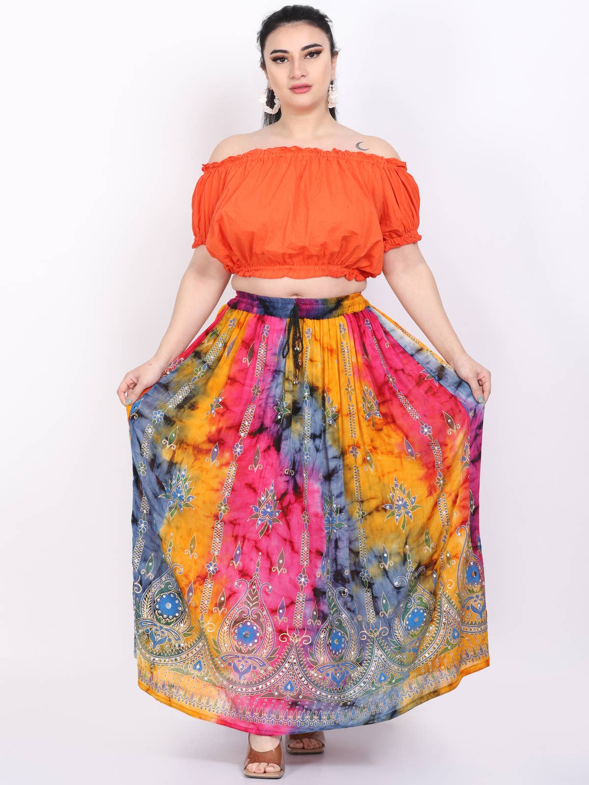 Women's Tie Dye Sequin Long Maxi Embroidery Skirt Wholesale