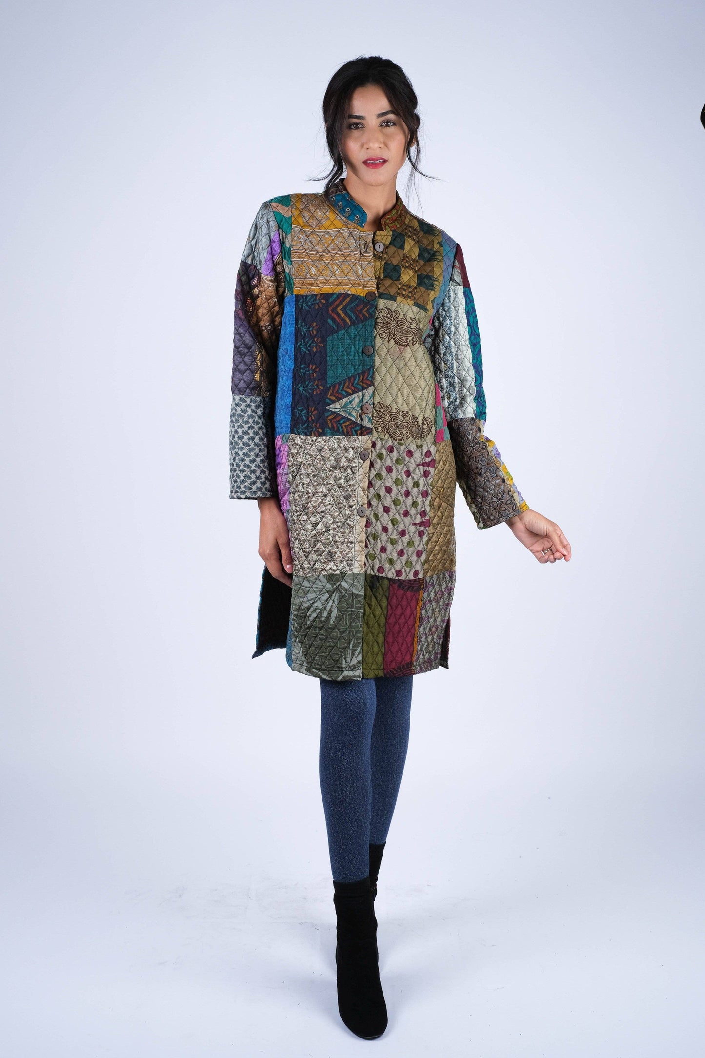 Vibrant Patchwork Quilted Poly Silk Jacket