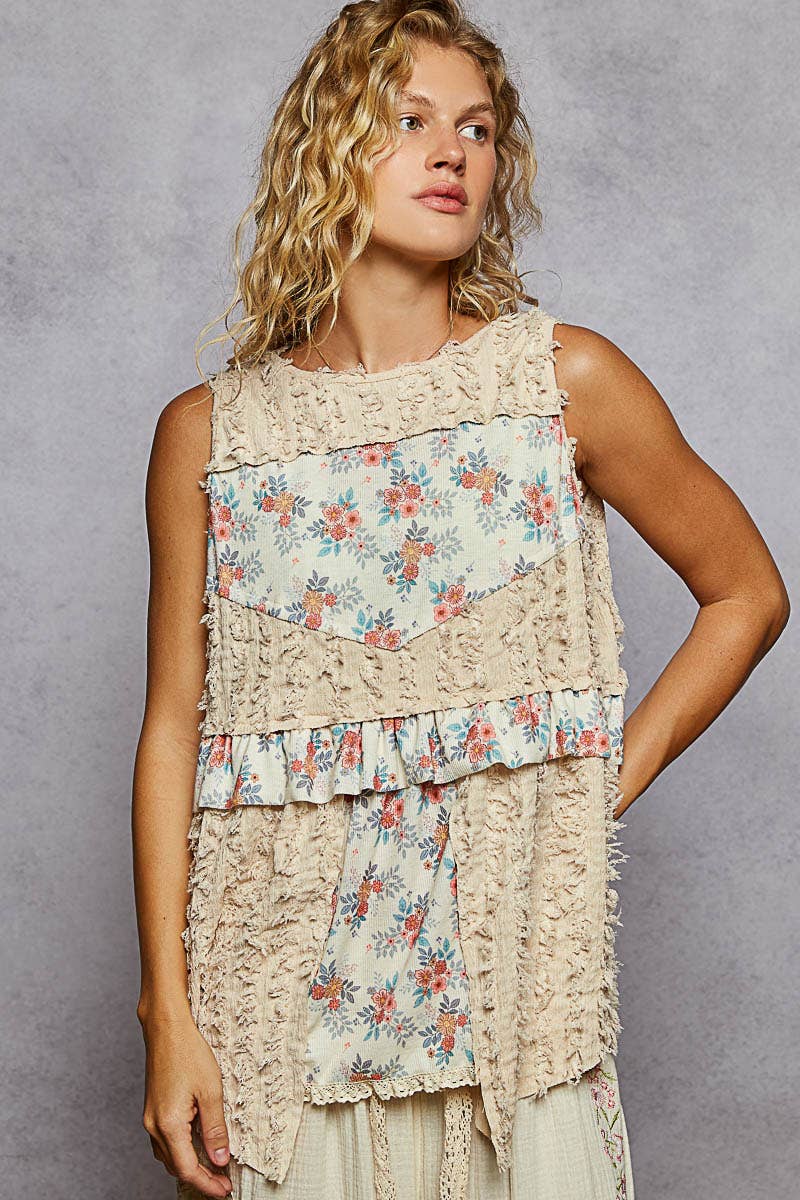 Round neck sleeveless textured woven floral top