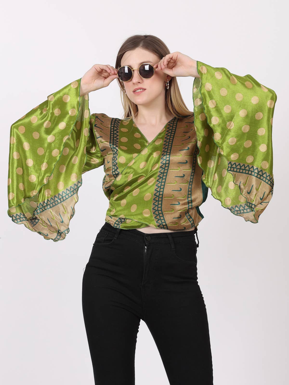 Women's Hippie V Neck Long Bell Sleeve Tie knot Floral Tops