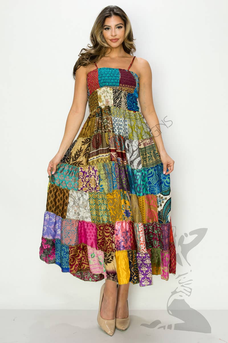Bohemian Patchwork Maxi Dress with Shoulder Straps