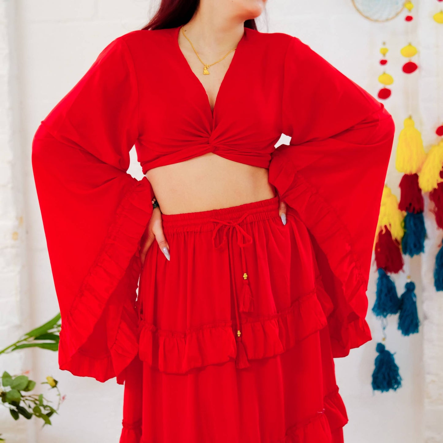 Solid Color Ruffle Sleeve Wrap Top