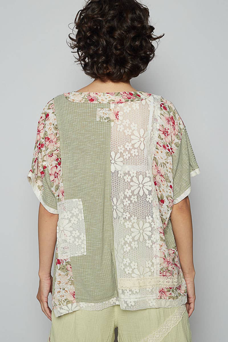 Round Neck Short Sleeve Floral Knit Rib Top SALE