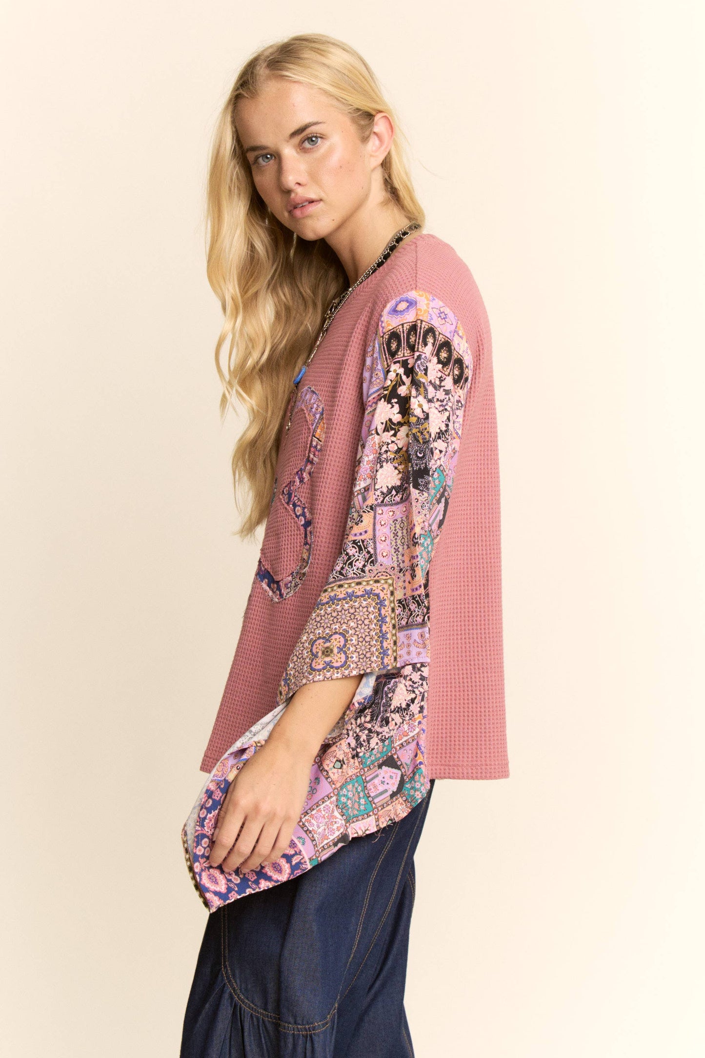 BOHO PATCHWORK KNIT TOP WITH FLOWER