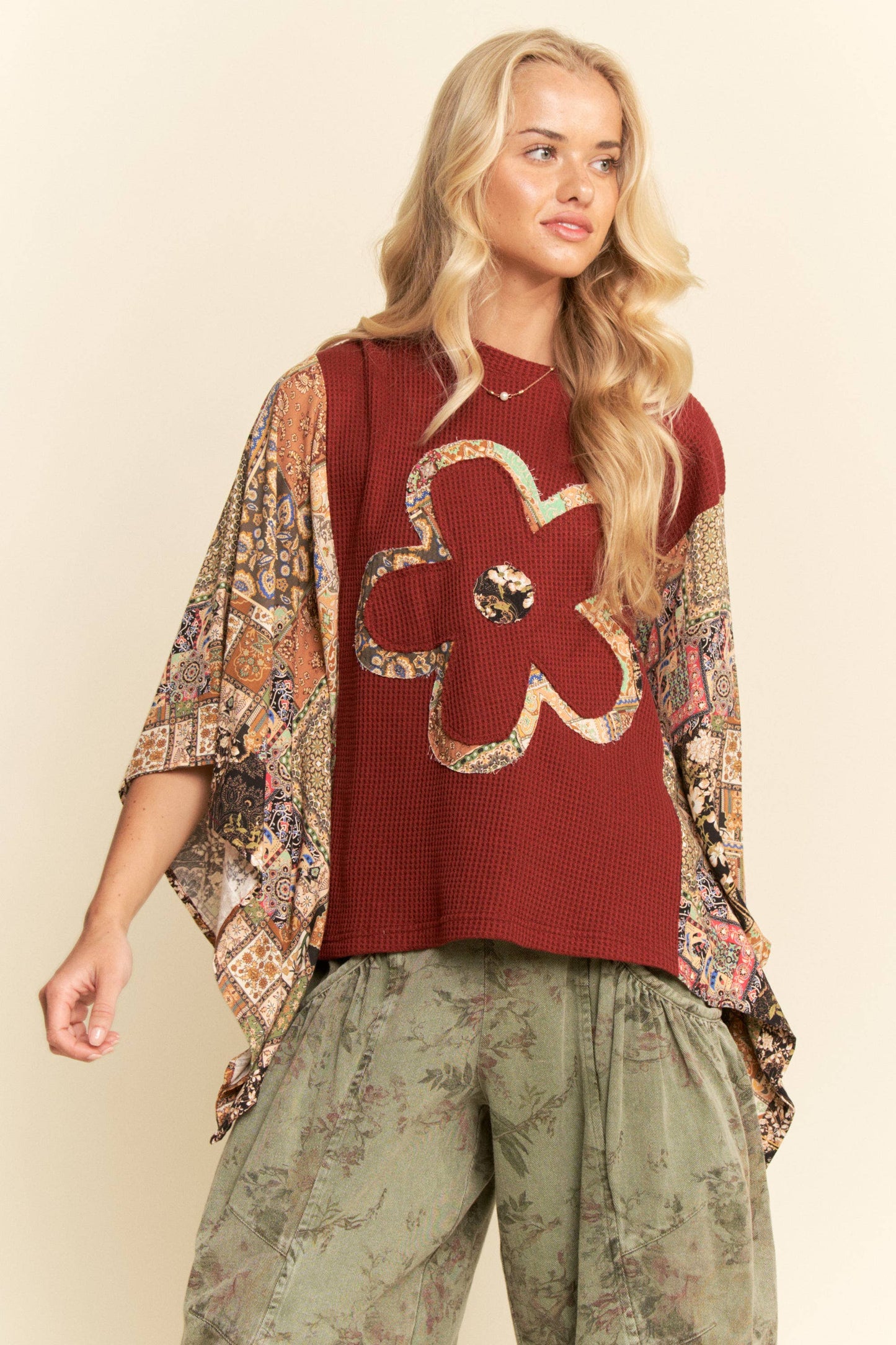BOHO PATCHWORK KNIT TOP WITH FLOWER