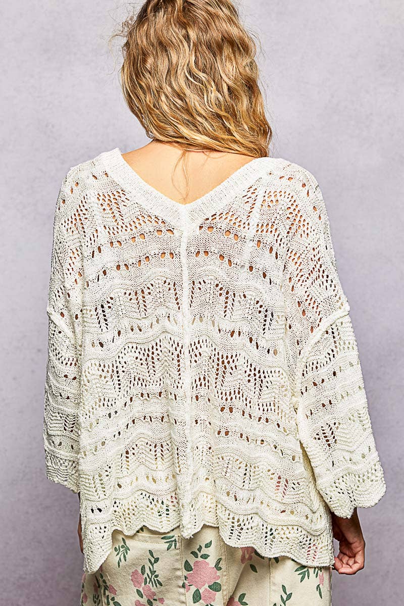 Open Knit V-Neck Oversized Short Sleeve Sweater Top SALE